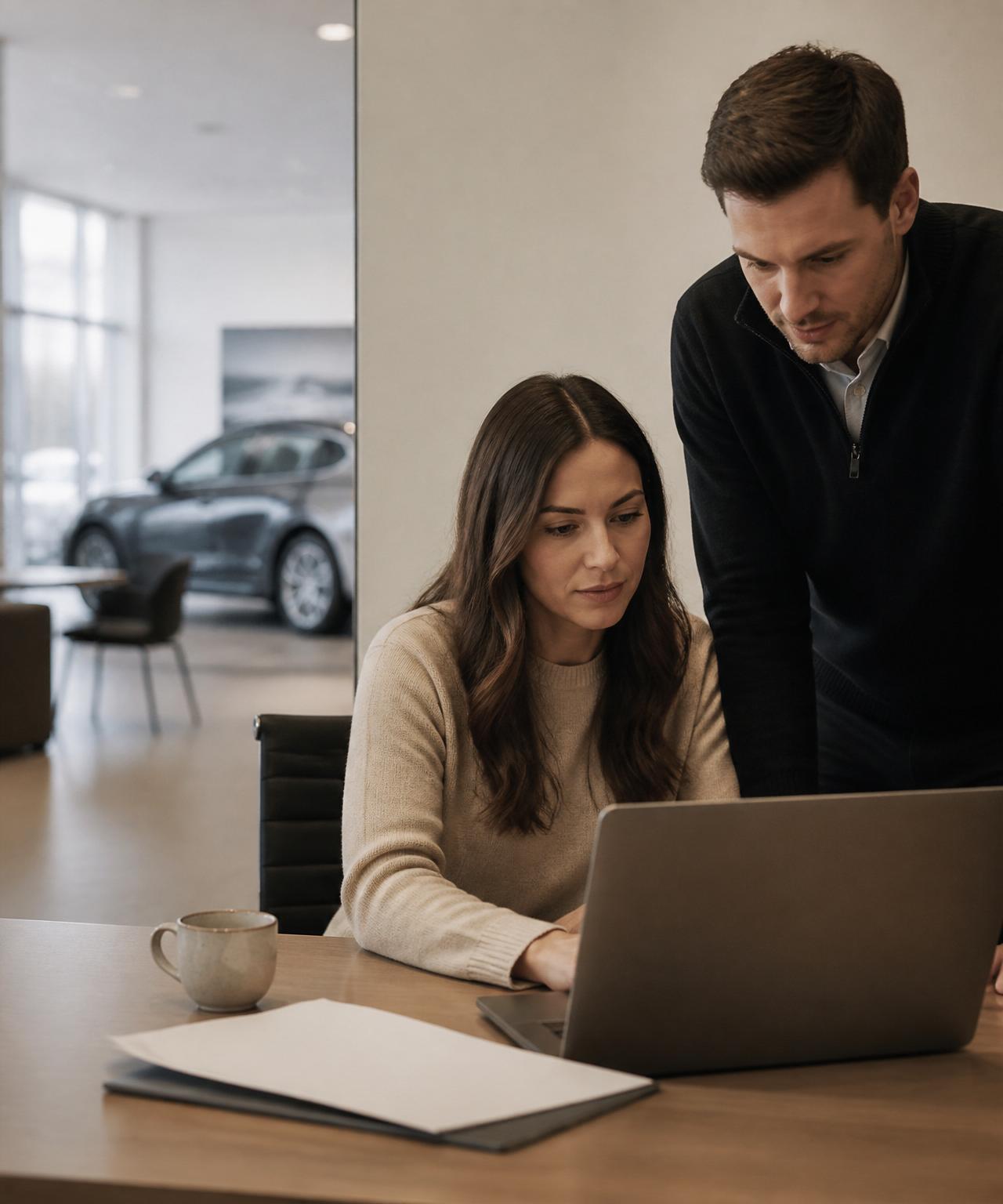 Two dealership BDC team members reviewing incoming leads together on a laptop